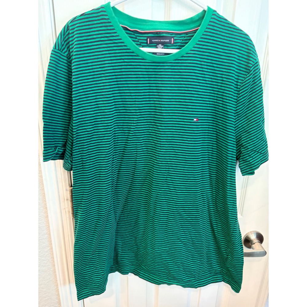 Tommy Hilfiger T-Shirt Green Navy Blue Striped Crew Neck Cotton Logo Tee XXL